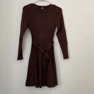 Share Women's Long Sleeve Knit Round Neck Short Sweater Dress With Waist Tie Siz